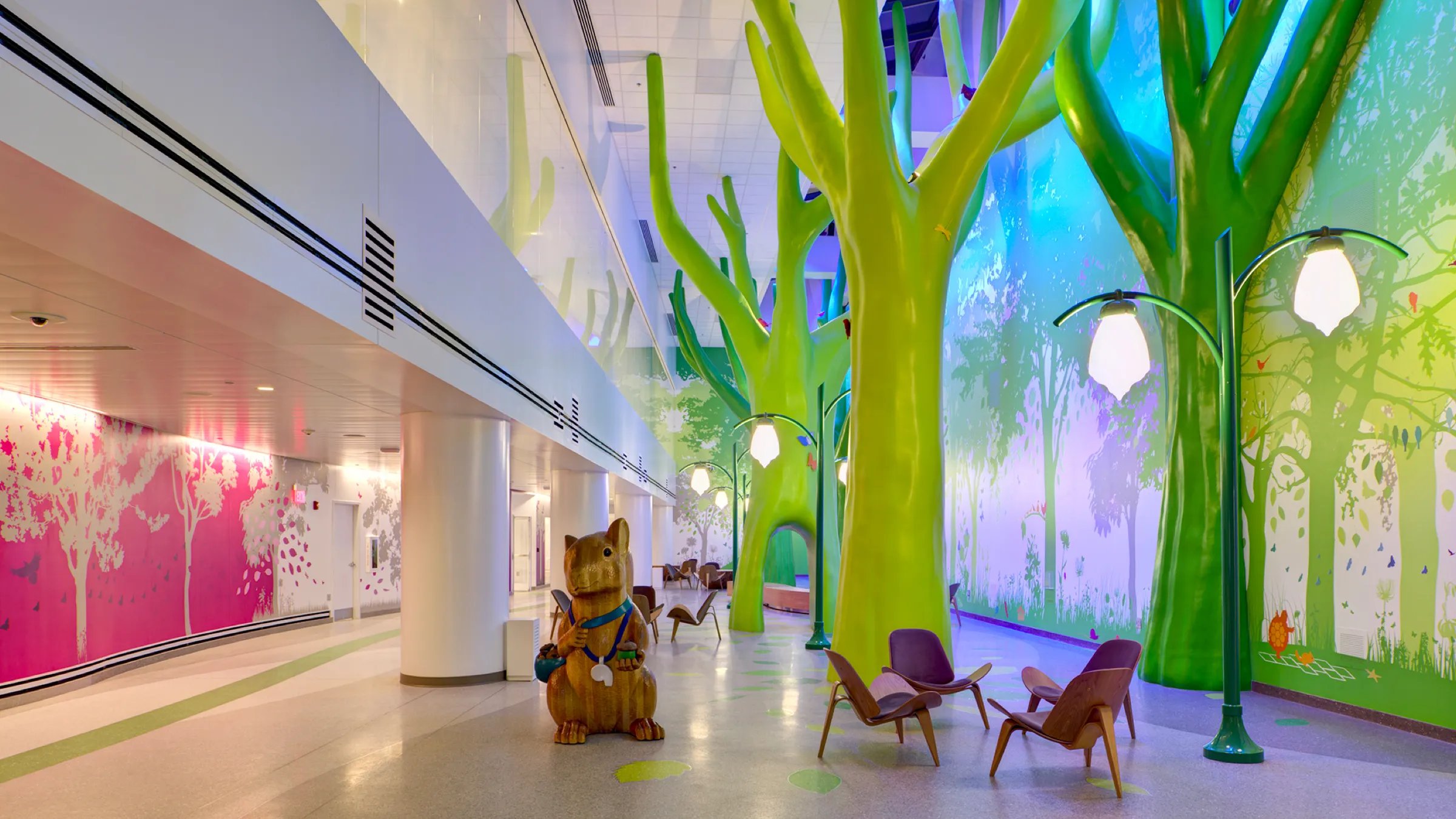 Children's hospital seating area with forest display