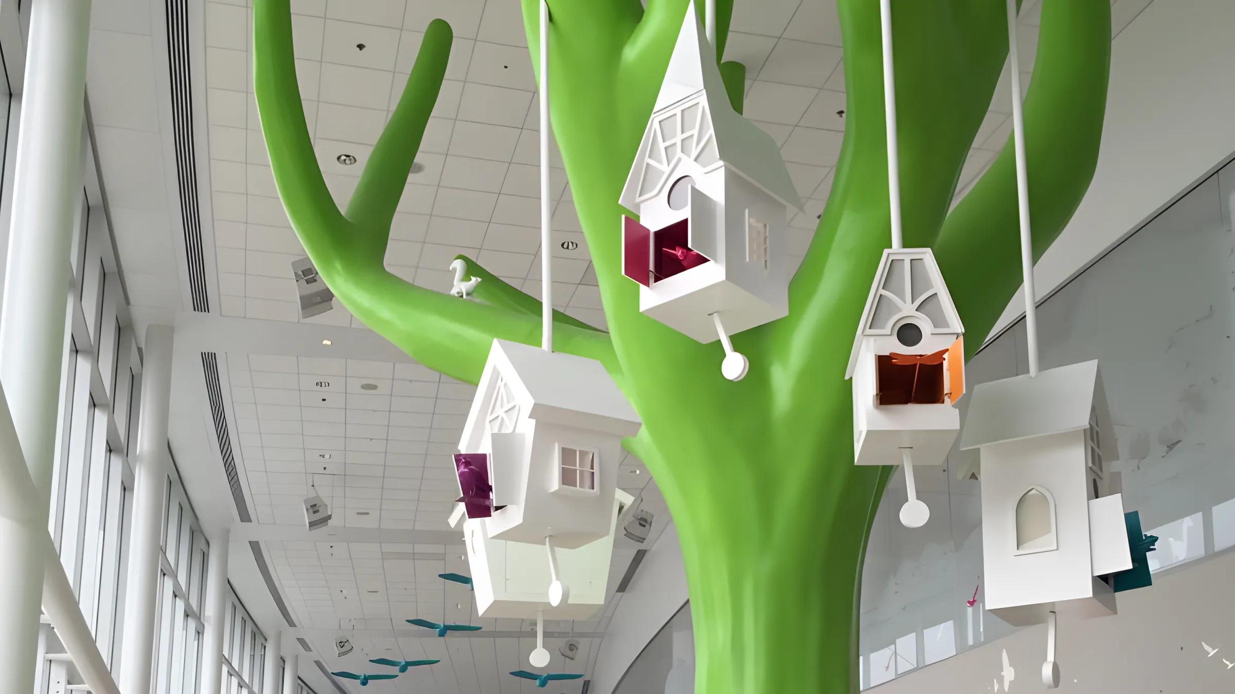 Children's Hospital tree with birdhouses hanging