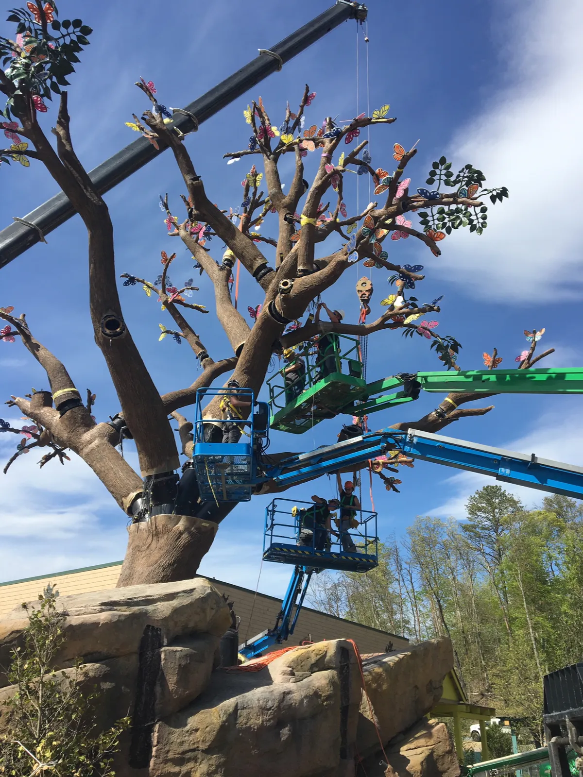 Cranes and people working on assembling the limbs of the Dollywood tree.
