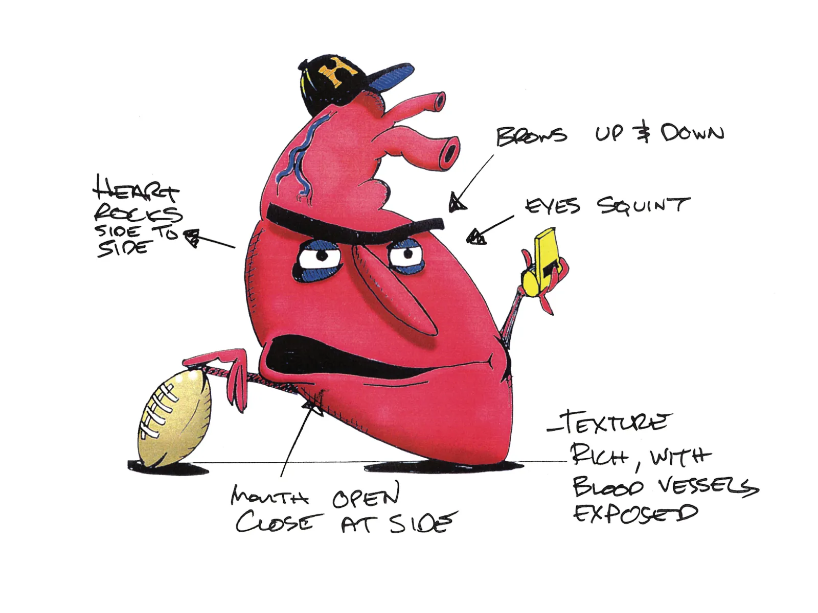 Planning drawing of Health Royale heart: Heart rocks side to side. Brows up and down. Eyes squint. Mouth open, closed at side. Text rich with blood vessels exposed.