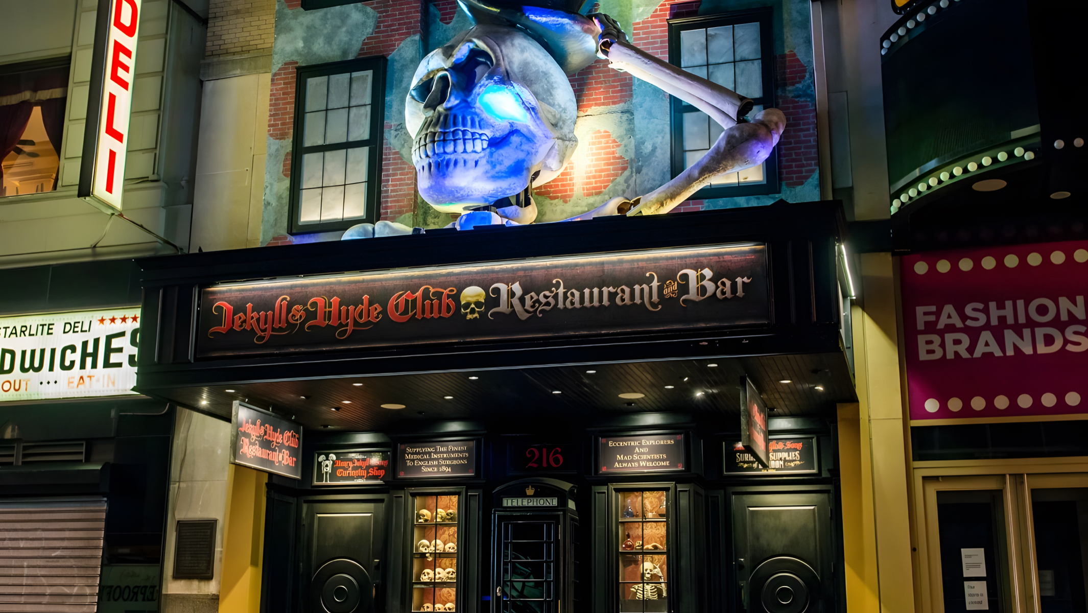 Front facing Jekyll & Hyde Club sign with large skeleton tipping his hat
