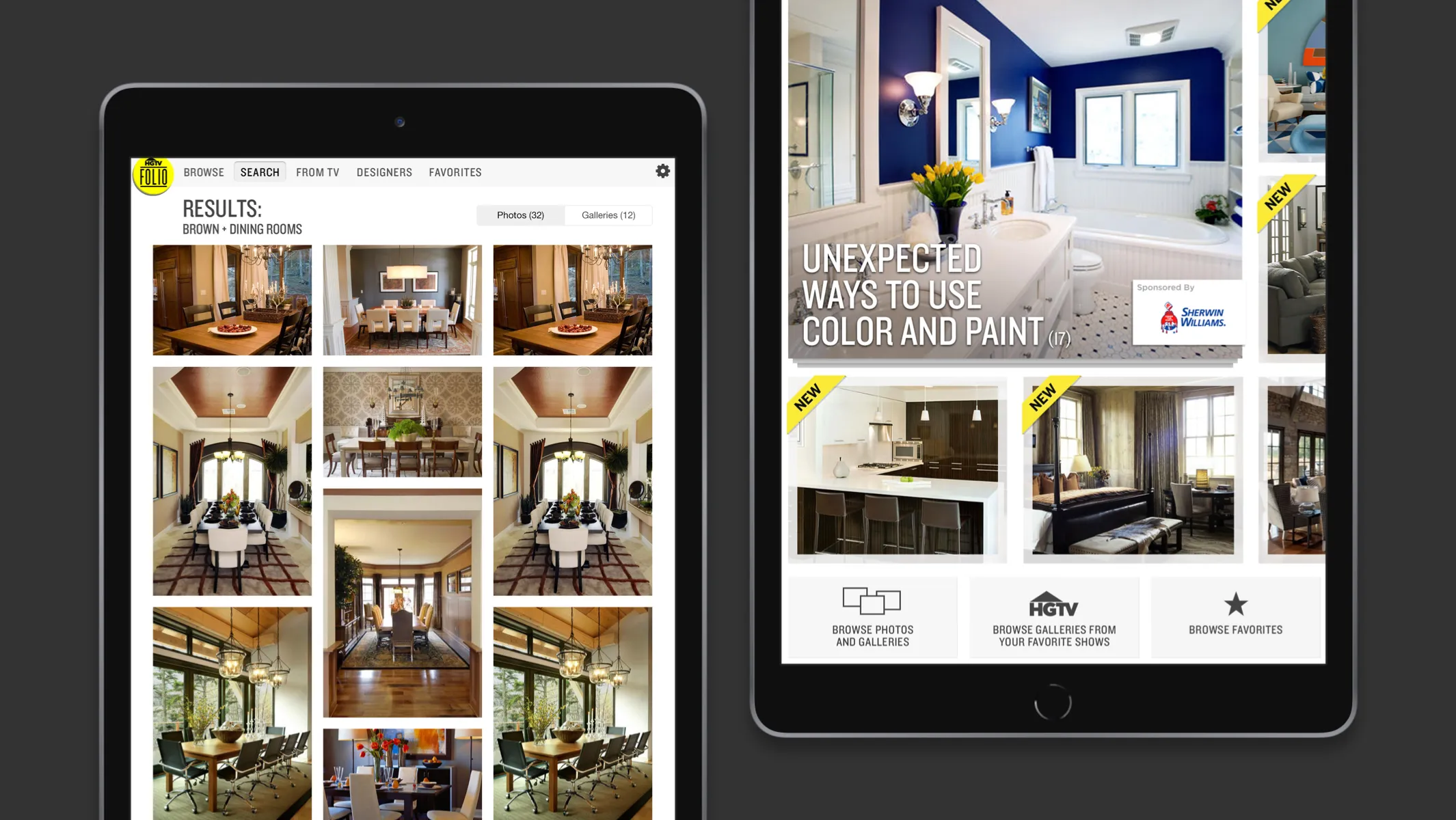 Tablet showing search results and homepage of HGTV Folio app