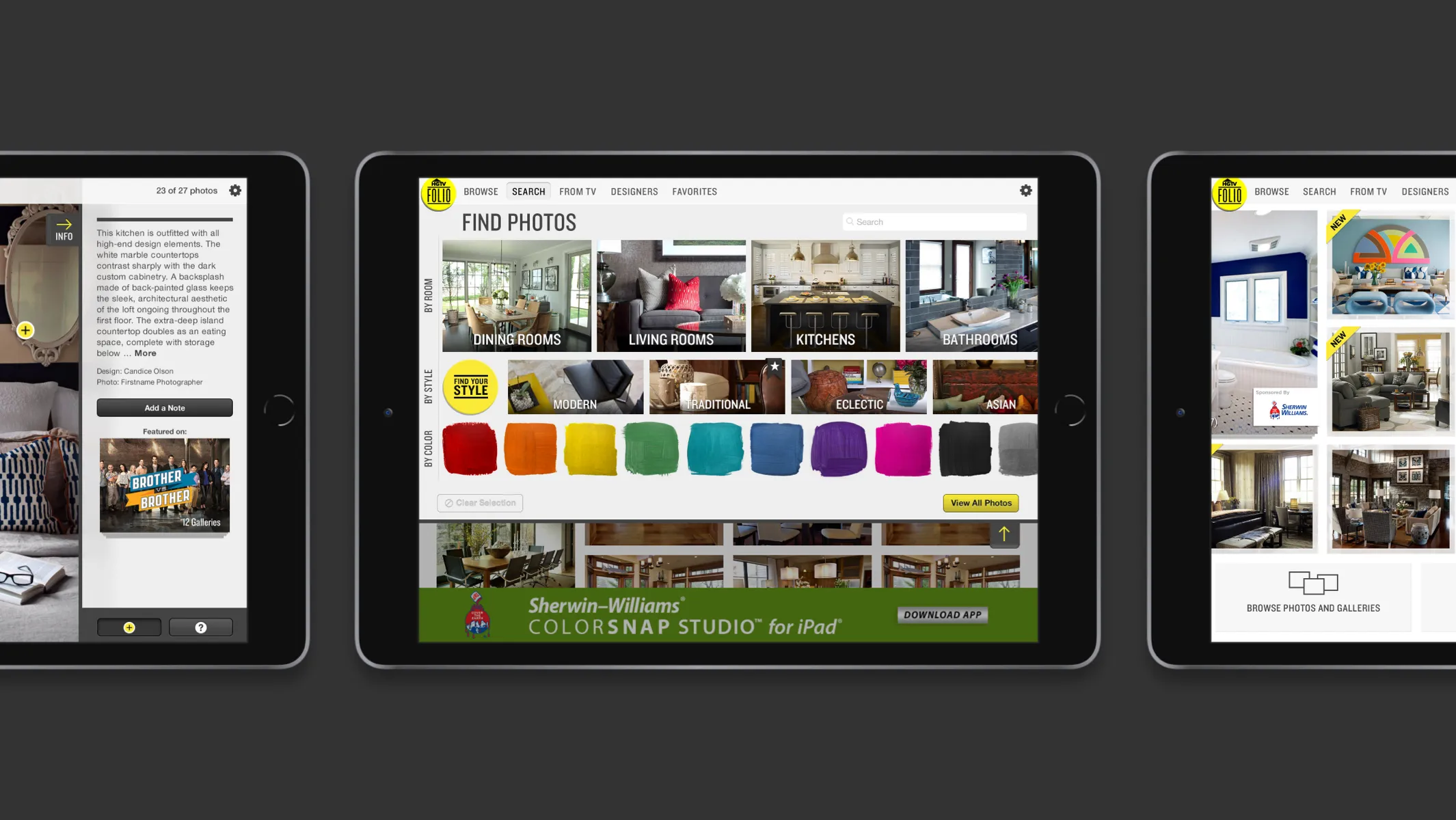 Find Photos screen on tablet with HGTV Folio app